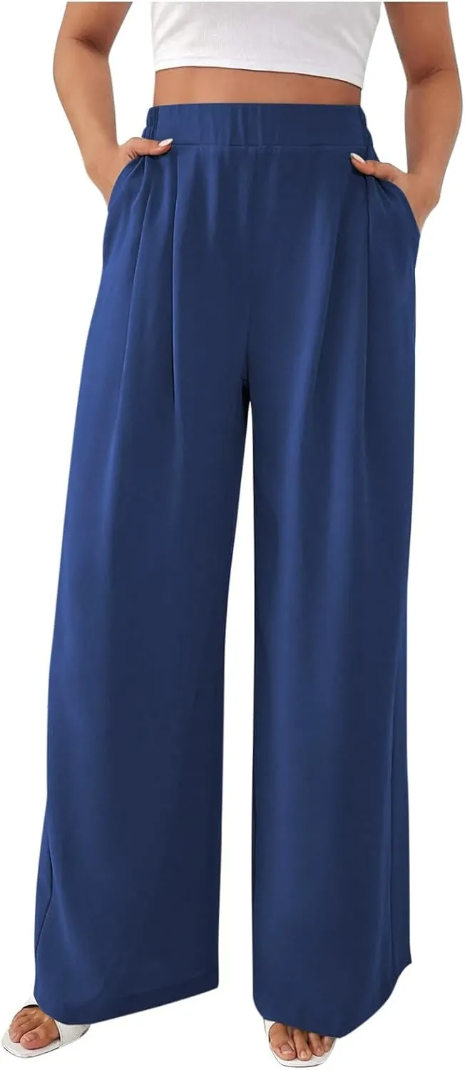 Suit Pants for Womens Solid Color High Rise Pockets Trousers Loose Lightweight Straight Leg Business Casual Pant