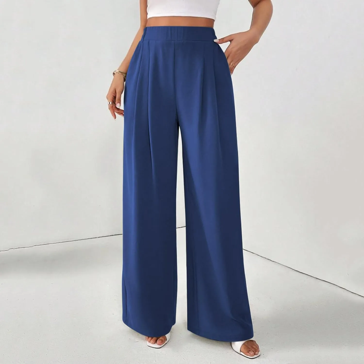 Suit Pants for Womens Solid Color High Rise Pockets Trousers Loose Lightweight Straight Leg Business Casual Pant
