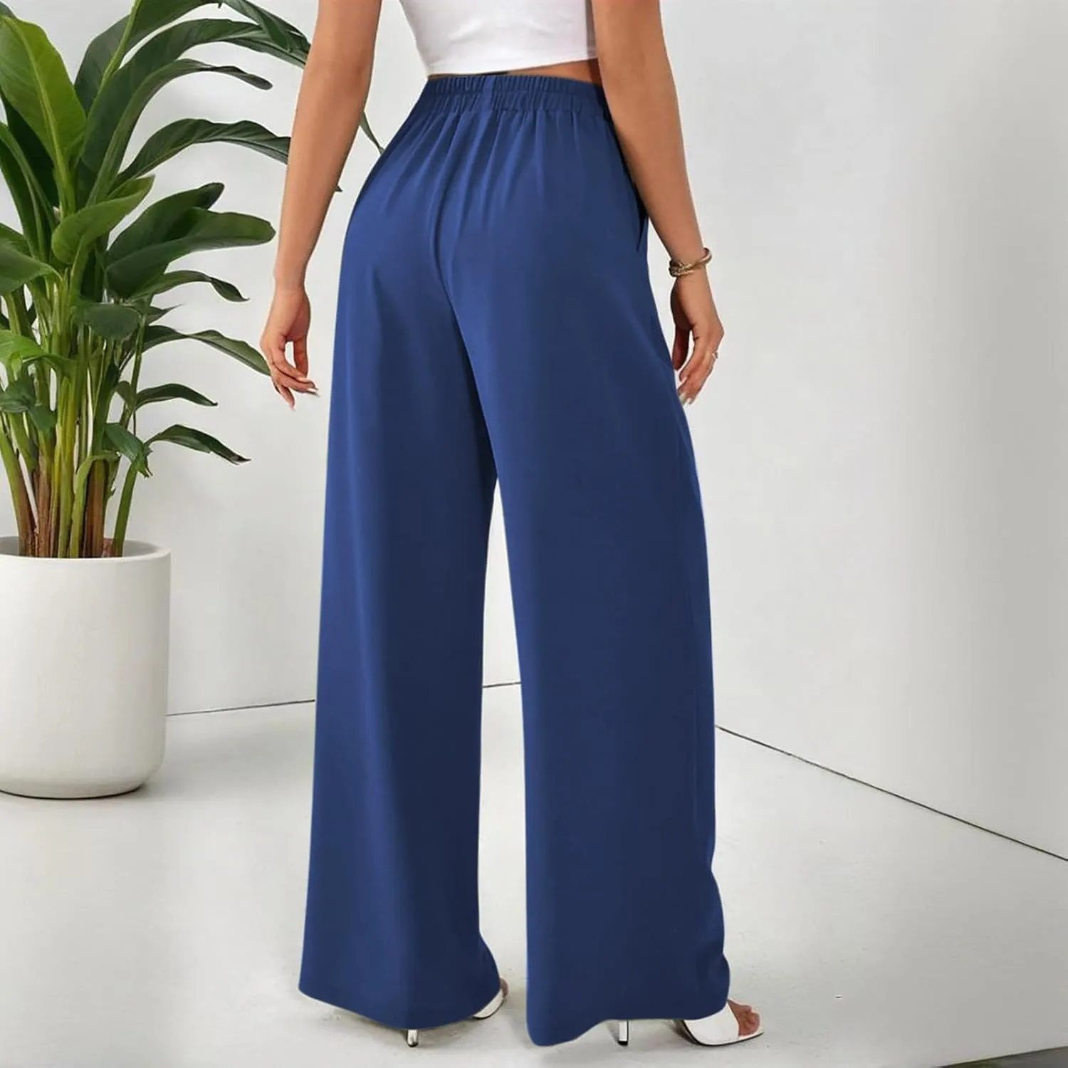 Suit Pants for Womens Solid Color High Rise Pockets Trousers Loose Lightweight Straight Leg Business Casual Pant