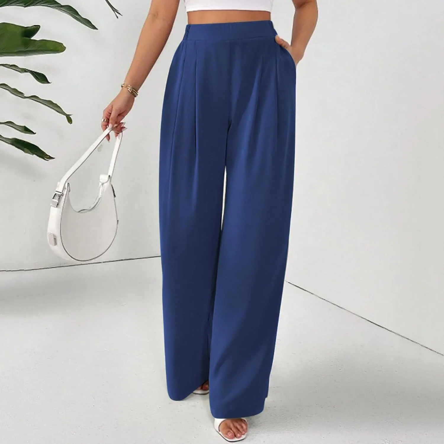 Suit Pants for Womens Solid Color High Rise Pockets Trousers Loose Lightweight Straight Leg Business Casual Pant