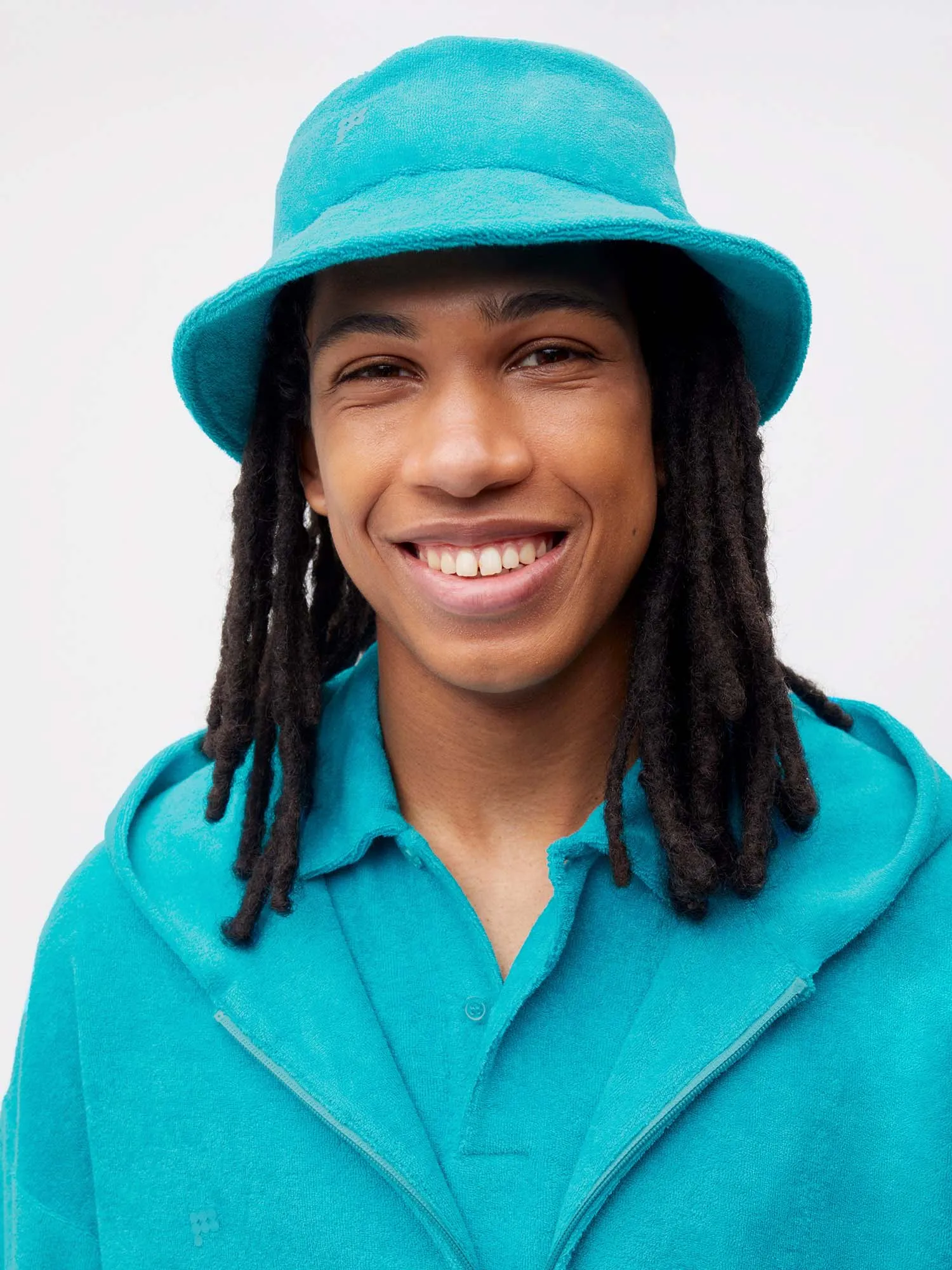 Summer Towelling Bucket Hat—peacock blue