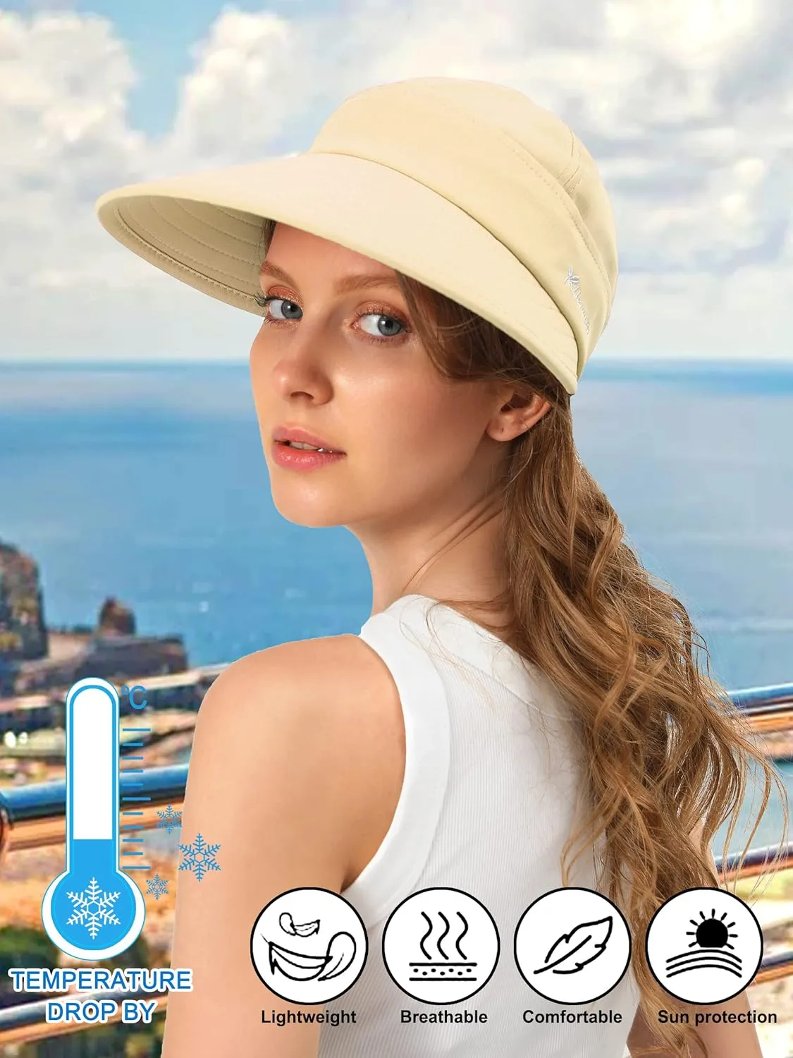 Sun Hats for Womens Wide Brim Visor UV Protection Dual Purpose Hat for Beach Summer Packable Cap