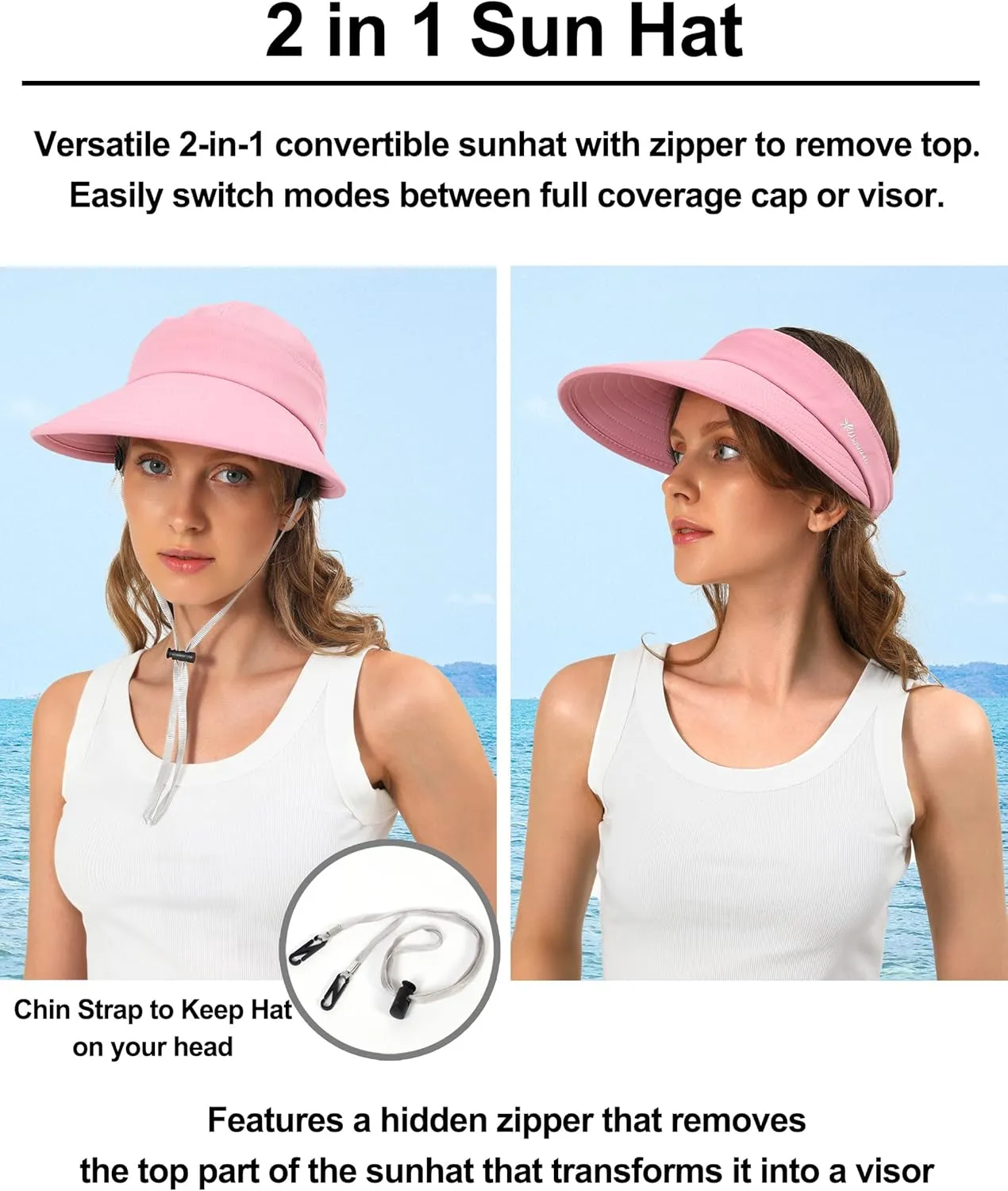 Sun Hats for Womens Wide Brim Visor UV Protection Dual Purpose Hat for Beach Summer Packable Cap