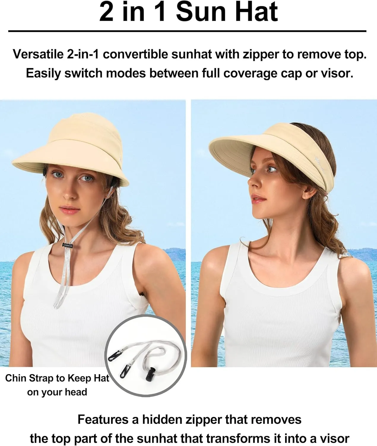 Sun Hats for Womens Wide Brim Visor UV Protection Dual Purpose Hat for Beach Summer Packable Cap