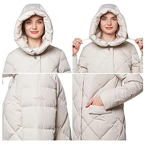 Universo Women's Heavy Duty Thickened Hooded Long Down Coat Winter High Low Hem Parka Puffer Jacket(Creamy,M)