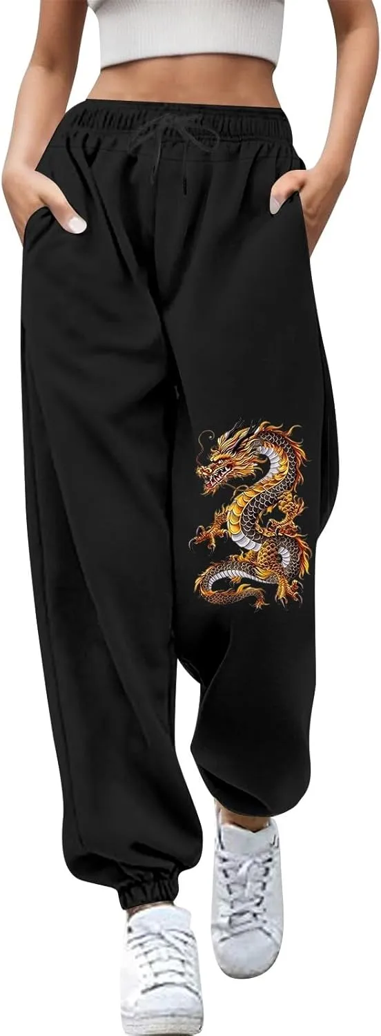 Womens Cinch Bottom Sweatpants Dragon Graphic Joggers Baggy High Waisted Drawstring Waist Active Running Pants with Pockets