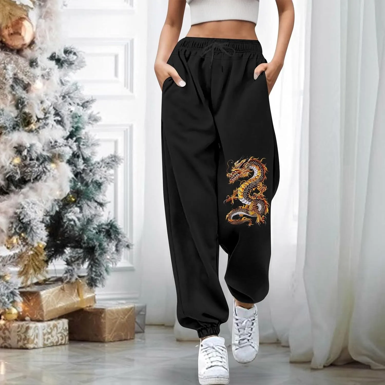 Womens Cinch Bottom Sweatpants Dragon Graphic Joggers Baggy High Waisted Drawstring Waist Active Running Pants with Pockets
