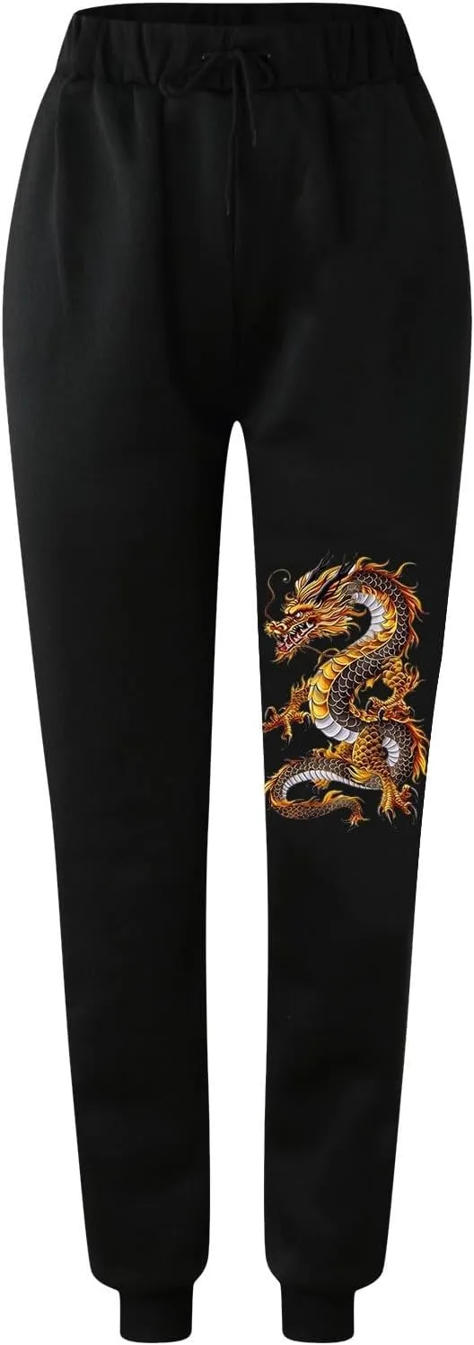 Womens Cinch Bottom Sweatpants Dragon Graphic Joggers Baggy High Waisted Drawstring Waist Active Running Pants with Pockets