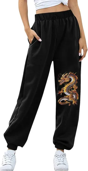 Womens Cinch Bottom Sweatpants Dragon Graphic Joggers Baggy High Waisted Drawstring Waist Active Running Pants with Pockets