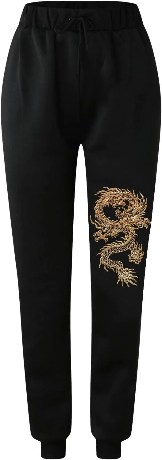 Womens Cinch Bottom Sweatpants Dragon Graphic Joggers Baggy High Waisted Drawstring Waist Active Running Pants with Pockets