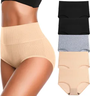Women's High Waist Cotton Underwear Super Stretchy Briefs Full Coverage Panties Blue 5-Pack One Size Fits All