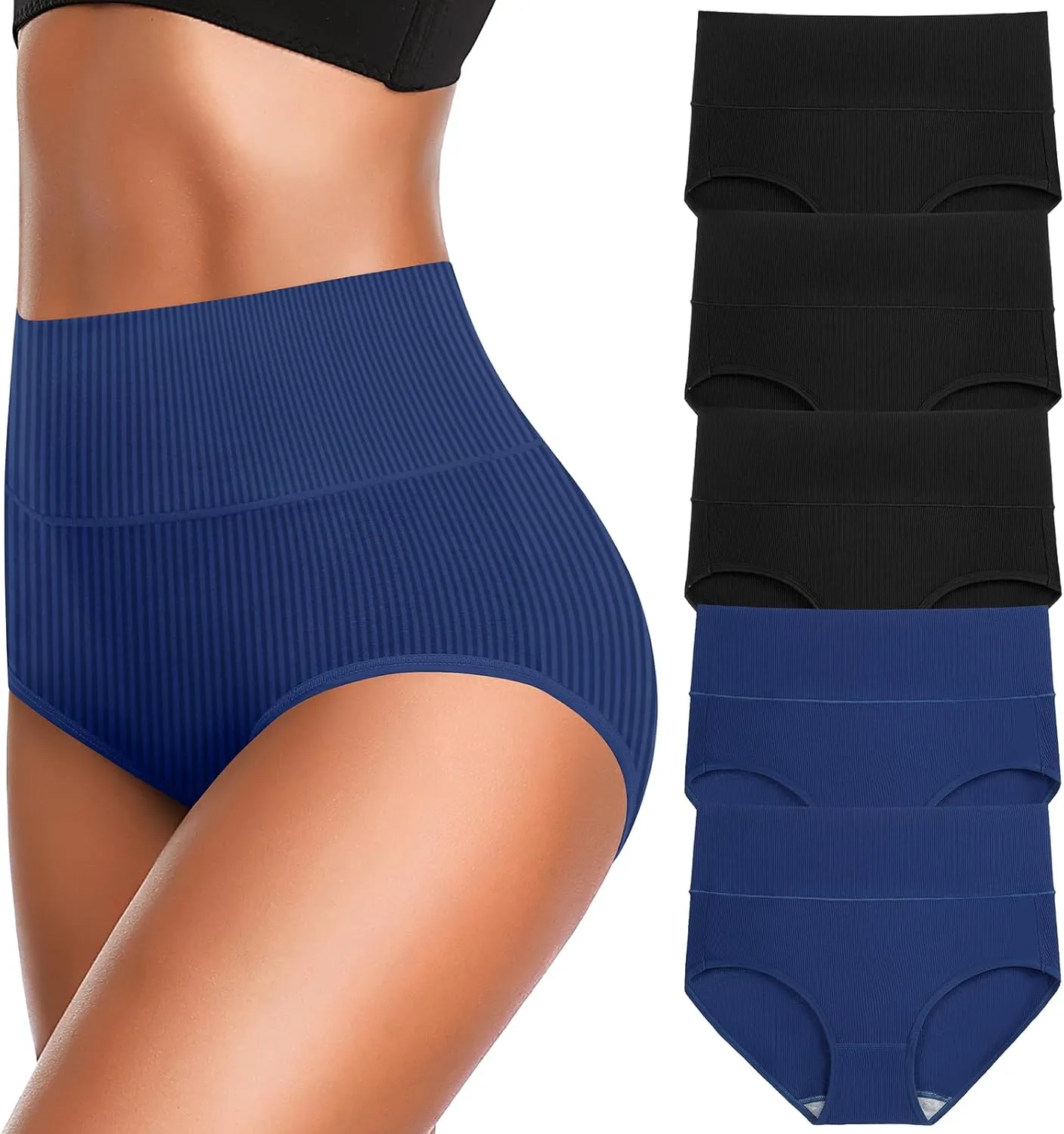 Women's High Waist Cotton Underwear Super Stretchy Briefs Full Coverage Panties Blue 5-Pack One Size Fits All