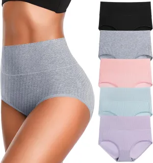 Women's High Waist Cotton Underwear Super Stretchy Briefs Full Coverage Panties Blue 5-Pack One Size Fits All