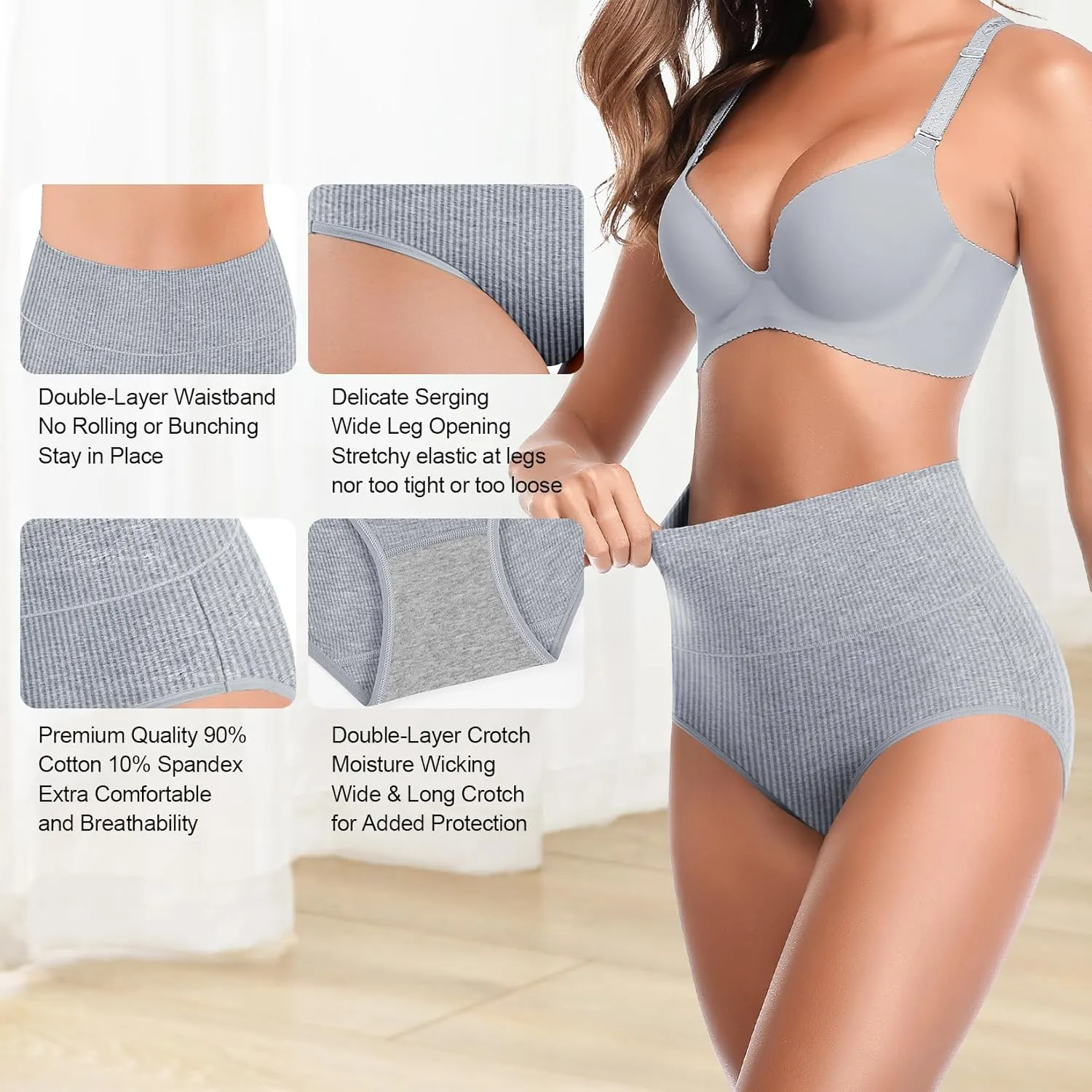 Women's High Waist Cotton Underwear Super Stretchy Briefs Full Coverage Panties Blue 5-Pack One Size Fits All