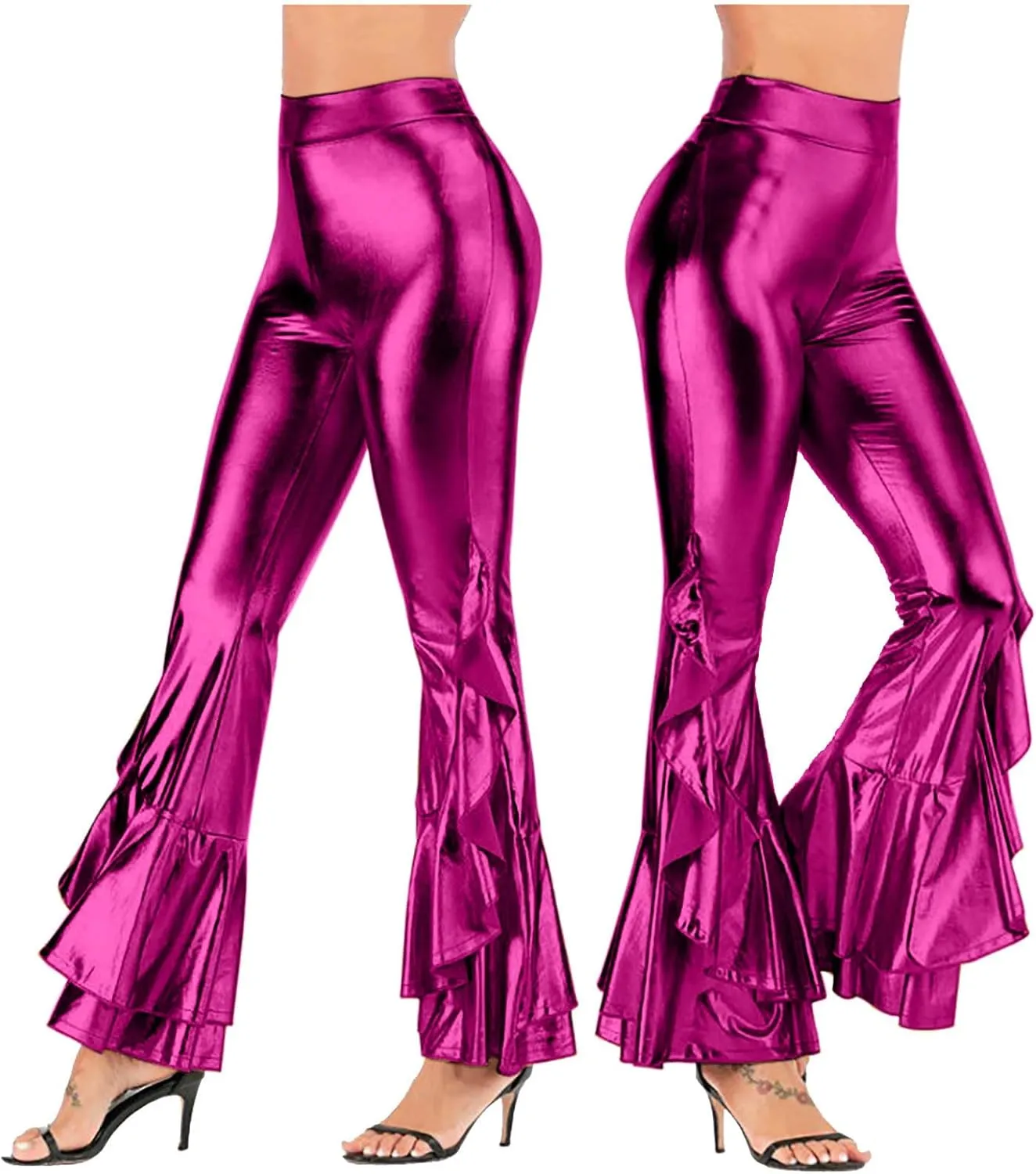 Women's Shiny Metallic Leggings Dressy 70s Vintage High Waisted Bell Bottom Ruffle Flare Dance Palazzo Casual Pants