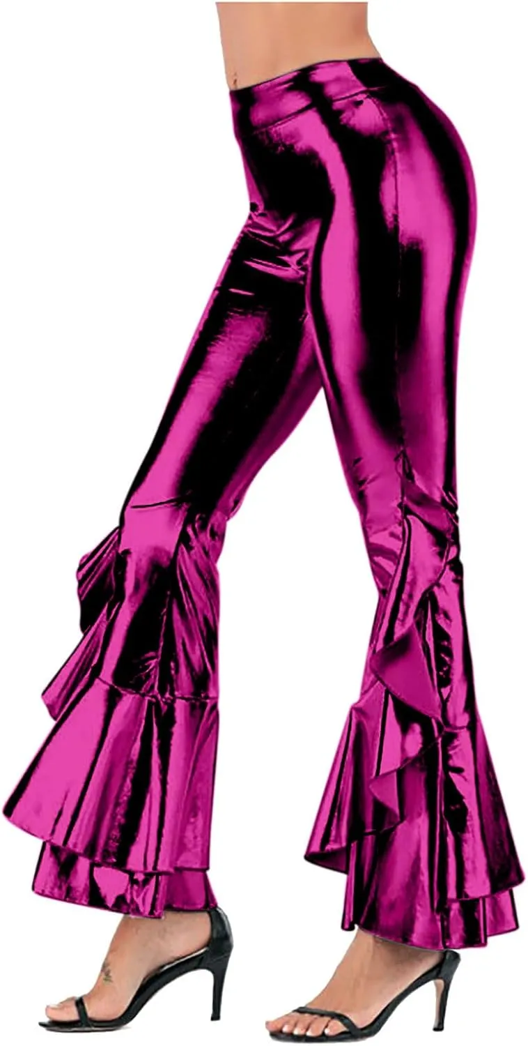 Women's Shiny Metallic Leggings Dressy 70s Vintage High Waisted Bell Bottom Ruffle Flare Dance Palazzo Casual Pants