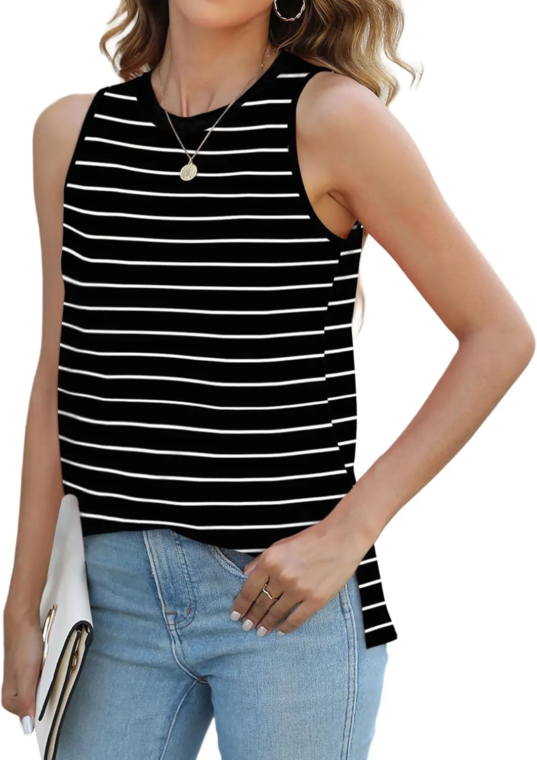 XIEERDUO Womens Tank Tops Crewneck Loose Fit Basic Casual Summer Side Split Sleeveless Shirts