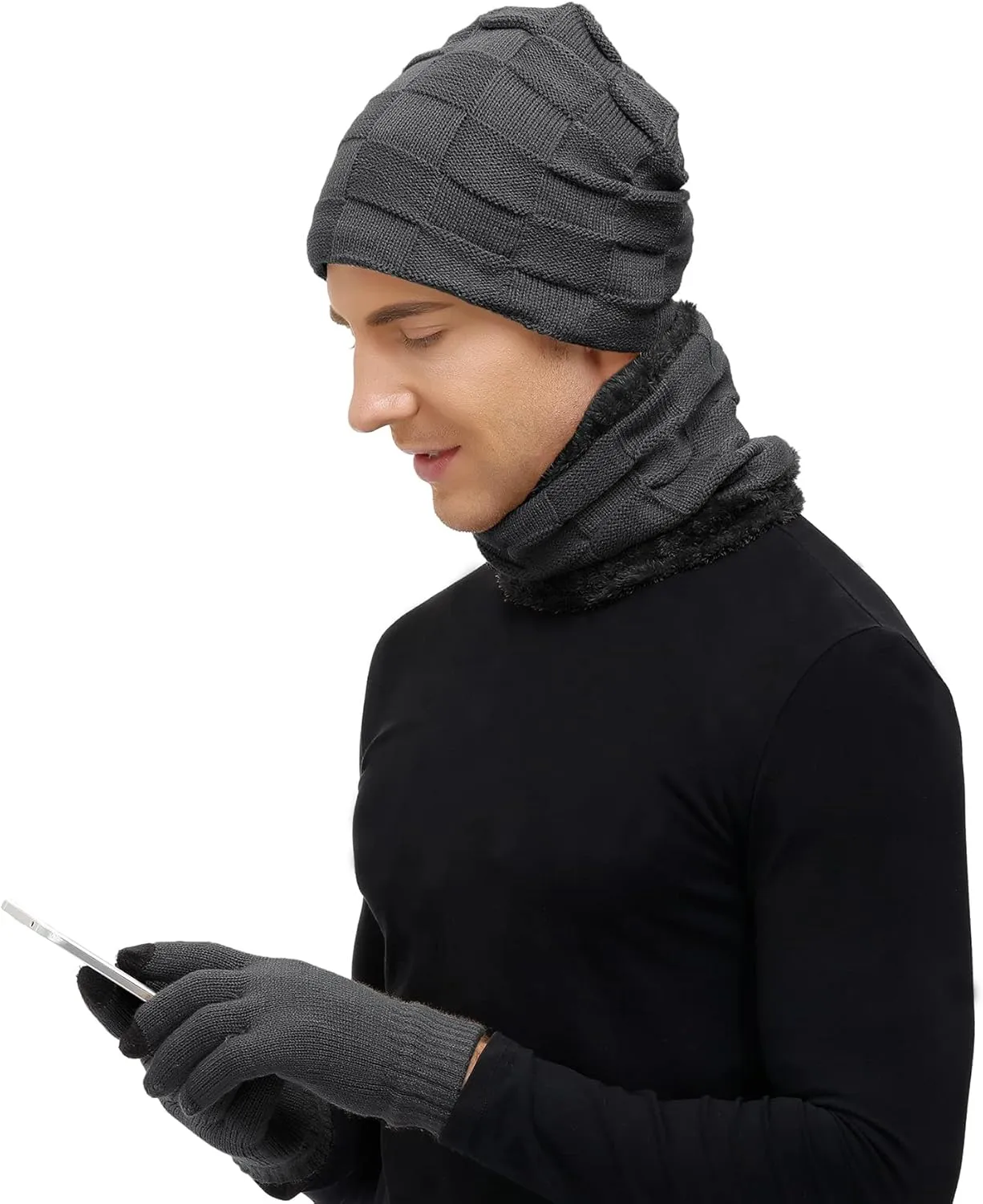 Zando Beanie Hats Fleece Neck Warmer Set Thick Fleece Lined Touch Screen Gloves Winter Hats Men Women