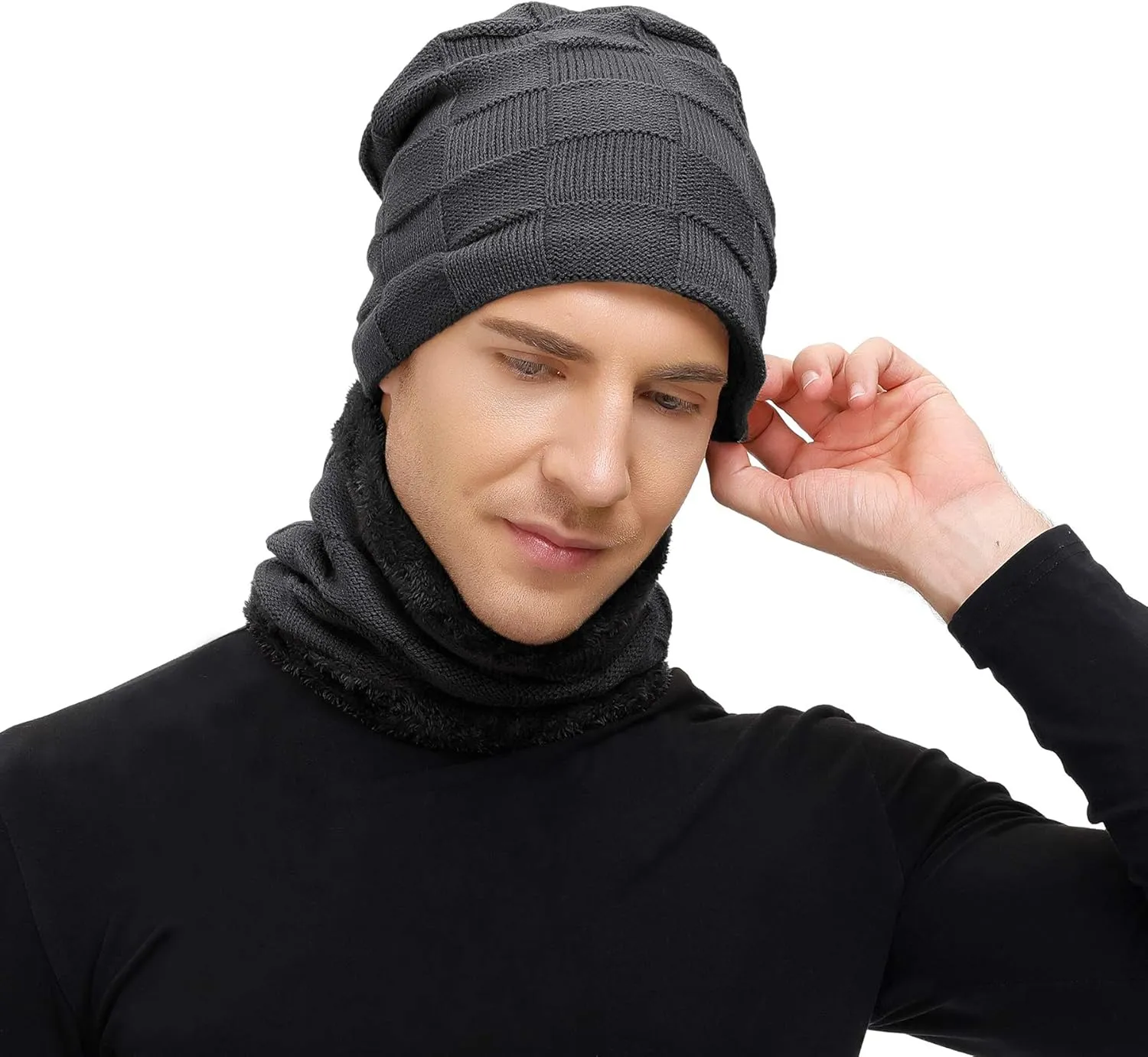 Zando Beanie Hats Fleece Neck Warmer Set Thick Fleece Lined Touch Screen Gloves Winter Hats Men Women