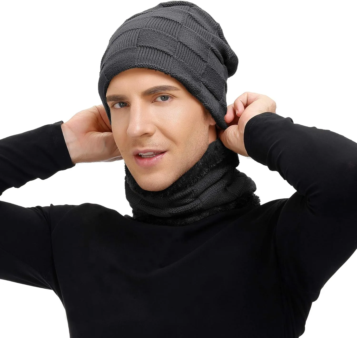 Zando Beanie Hats Fleece Neck Warmer Set Thick Fleece Lined Touch Screen Gloves Winter Hats Men Women